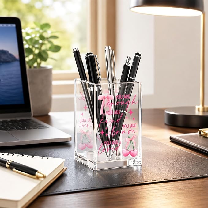 Acrylic Pen Holder Cup, Inspirational Affirmations Desk Decor, Positive Quotes Pencil Holder Organizer, Aesthetic Office Accessories, Encouragement Gift for Women Teen Girls
