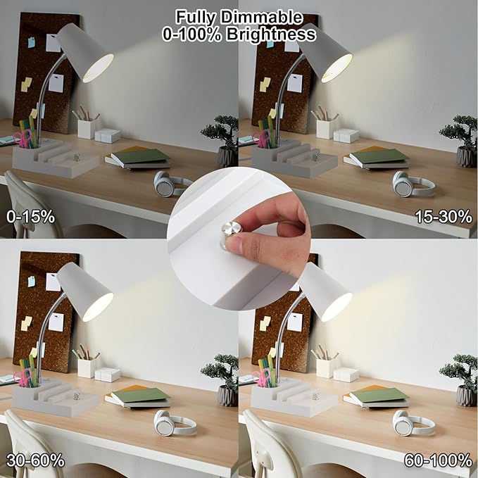 Study Desk Lamp with USB Charging and Type-C Night Light, Gooseneck LED Table Lamp Stepless Dimming Study Table Lamp with Pen Holder for College Dorm Bedroom and Office (White)