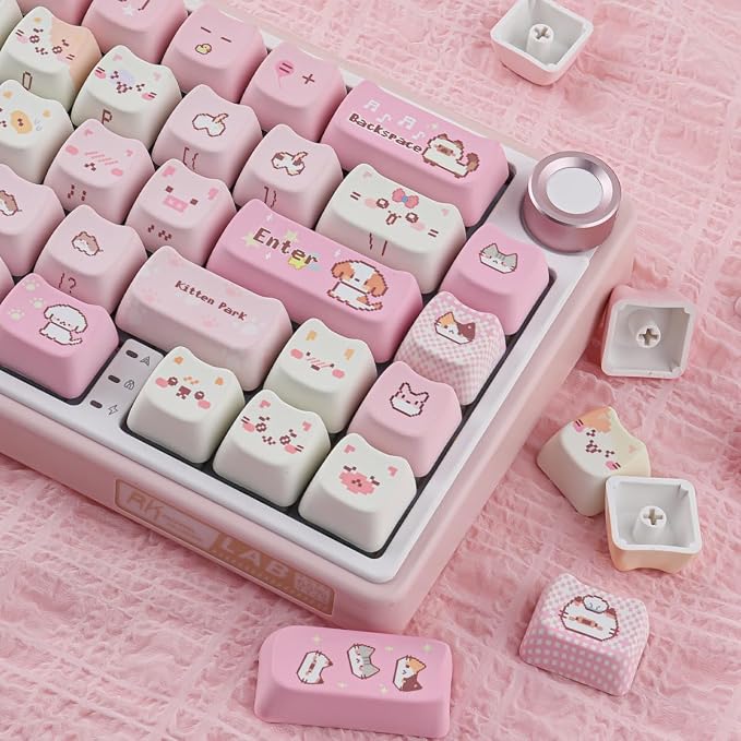 Tsungup Cute Cat Keycaps Set,Pink Pixel Mao Profile Keycaps,132 Keys PBT Custom Key Caps Keyboard Keycap for 60%,65%,75%,100% Mechanical Keyboard