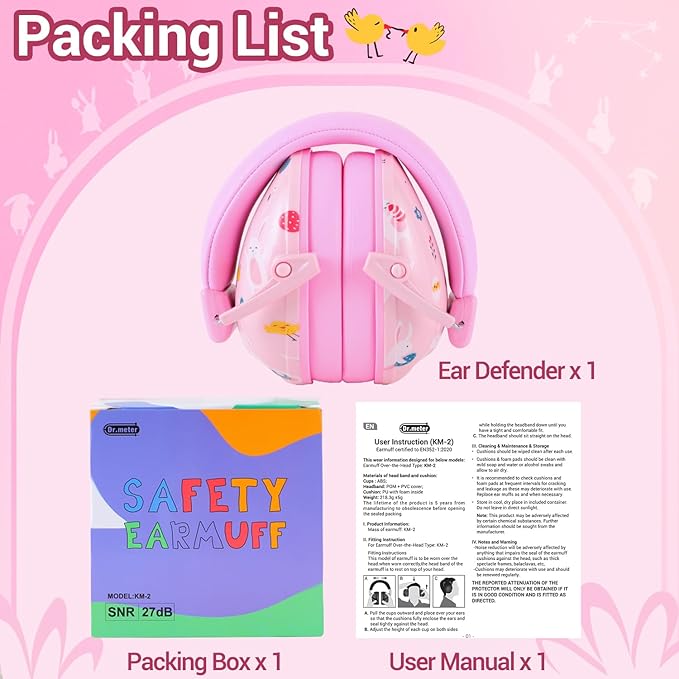 Ear Muffs for Noise Reduction: 27SNR Noise Cancelling Headphones for Kids Adults - Toddler Kids Ear Protection for Monster Truck, Autism Sensory, Mowing, Concerts, Fireworks- Pink