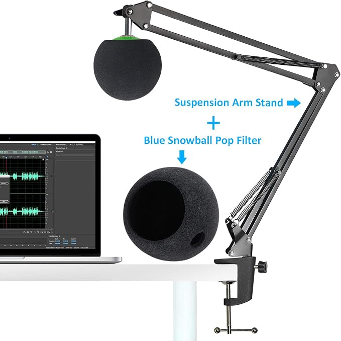Mic Stand with Foam Windscreen For Blue Snowball, Suspension Boom Scissor Arm Stand with Pop Filter Cover for Microphones iCE USB Mic by SUNMON