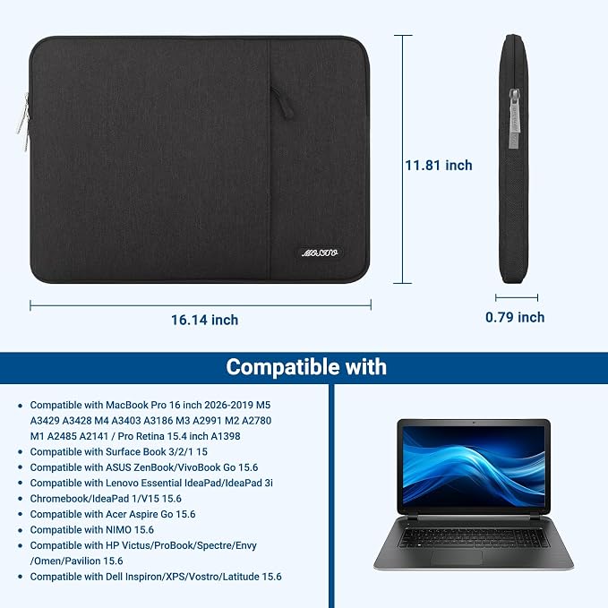 MOSISO Laptop Case 16 inch, 15-15.6 inch Laptop Sleeve Compatible with MacBook Pro 16 M5 M4 M3 M2 M1, HP Acer Dell Lenovo ASUS, Polyester Vertical Computer Sleeve Bag with Pocket, Black