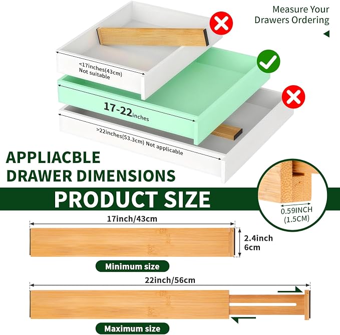 CMOOD 6 PCS Bamboo Drawer Dividers, Kitchen Drawer Dividers, 17"-22" Expandable Adjustable Bamboo Drawer Dividers Organizers for Kitchen, Clothes, Dresser, Bedroom, Home, Office, Spring Loaded