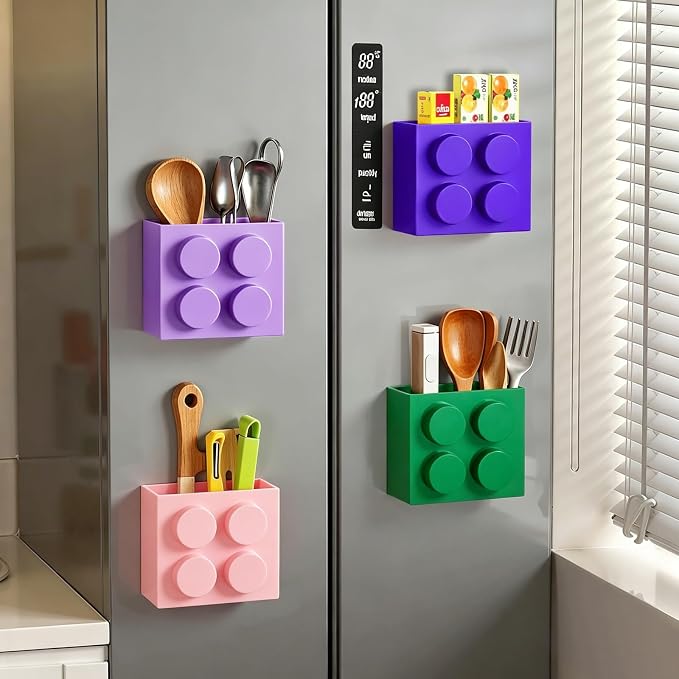 Magnetic Basket Organizer for Fridge - Lego-Style ABS Plastic Storage Box,No Drill Design for Kitchen Counter, Microwave & Whiteboard, Holds Up to 3.5 lbs (deep purple)