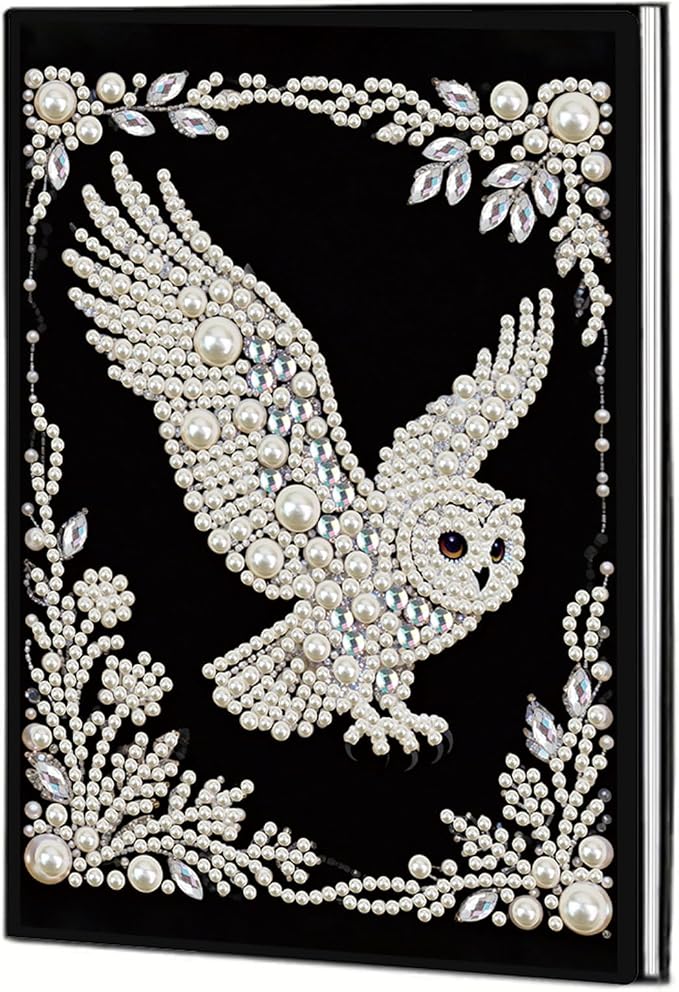 FRANDEK Pearl Painting Notebook Kit, Black and White Owl A5 DIY Journal with 50 Blank Pages, Diamond Gem Art Cover with Waterproof Canvas, Beginner Craft Set with Full Tools for Adults