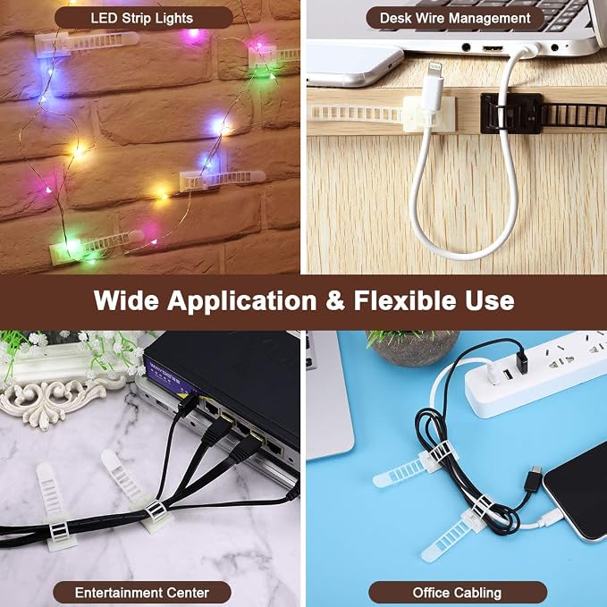 50Pcs Adhesive Cable Management Clips with 50Pcs Zip Ties, Adjustable Nylon Cable Strap Ties Wire Clips Clamps Organizer, Extra Screw & Hole - 3.55 Inch White