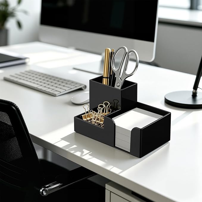HBlife Acrylic Pen Holder for Desk, 3-Compartment Small Desk Organizer, Black Office Supplies Desk Accessories with Sticky Notes Holder Stores Post It Notes 3X3 for Office, Home and School