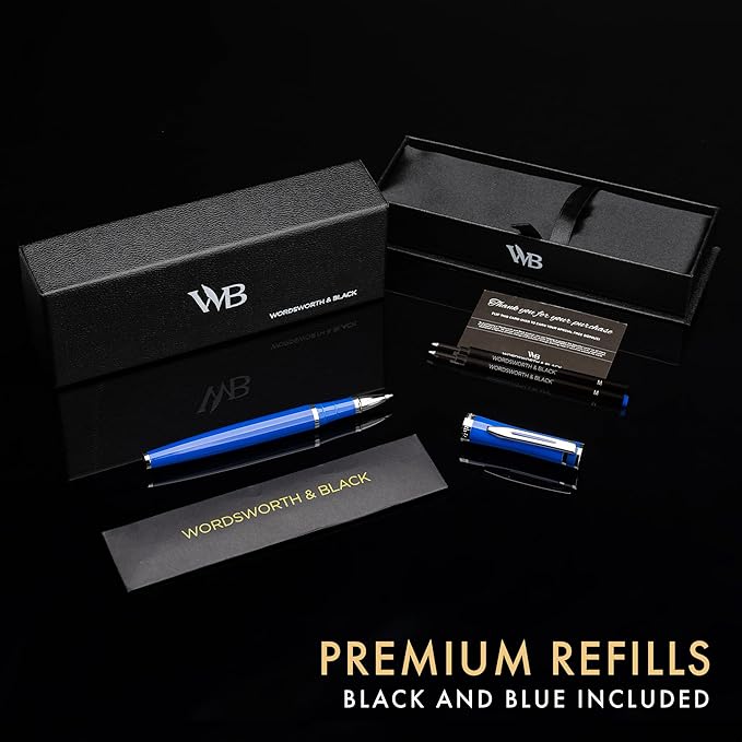 Wordsworth and Black Rollerball Pen - Luxury Pen - Chrome Finish, Blue Lacquer, Ink Refill, Refillable, Gift for Men & Women, Professional Writing, Nice and Fancy Pens and for Work
