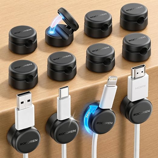 Rocoren 12 Pack 360° Rotating Magnetic Cable Clips, No-Residue Adhesive Cord Organizer for Cable Management, 1s Lock Cord Holder for Desk Nightstand Wall Car,Office Home Dorm Room Accessories,Black