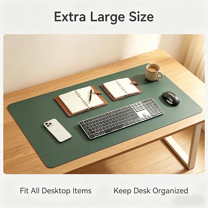 Leather Desk Pad 18.12'' x 35.07'', PIPRE Office Desk Mat Waterproof Dark Green Smooth Mouse Writing Surface - Maximum Protection Dual-Sided Pu Leather Blotter for Desk Office/Home