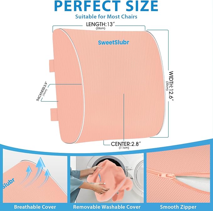 SweetSlubr Lumbar Support Pillow for Office Chair, Car & Gaming Chair, Ergonomic Memory Foam Cushion for Back Comfort, Zoned Back Support, Double Adjustable Straps, Breathable Washable Cover, Pink