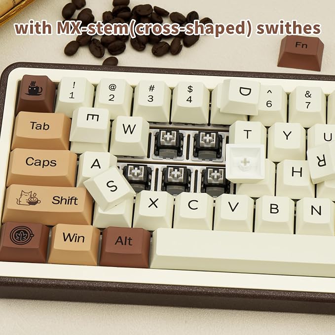 Brown PBT Keycaps, Coffee Cat Cute Keycaps, Cherry Profile Key caps 60 65 75 100 Percent, Dye-Sublimation Custom 130 Keys Set for 100%, 75%, 65%, 60% Cherry Gateron MX Switches Keyboards