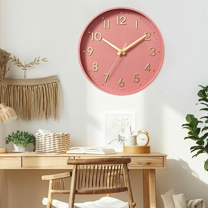 Mosewa 10 Inch Wall Clock Battery Operated Silent Non Ticking Analog | Pink Gold modern clock; oversized 3D easy-read dial for kitchen, bedroom & office; 1 AA battery (not included)