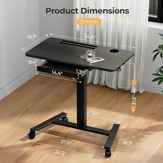 Mobile Standing Desk with Drawer, 35"×20" Small Desk, Black | Portable Laptop Workstation with Cup Holder and Hooks, Height Adjustable Rolling Desk with Wheels, Teacher Classroom Use