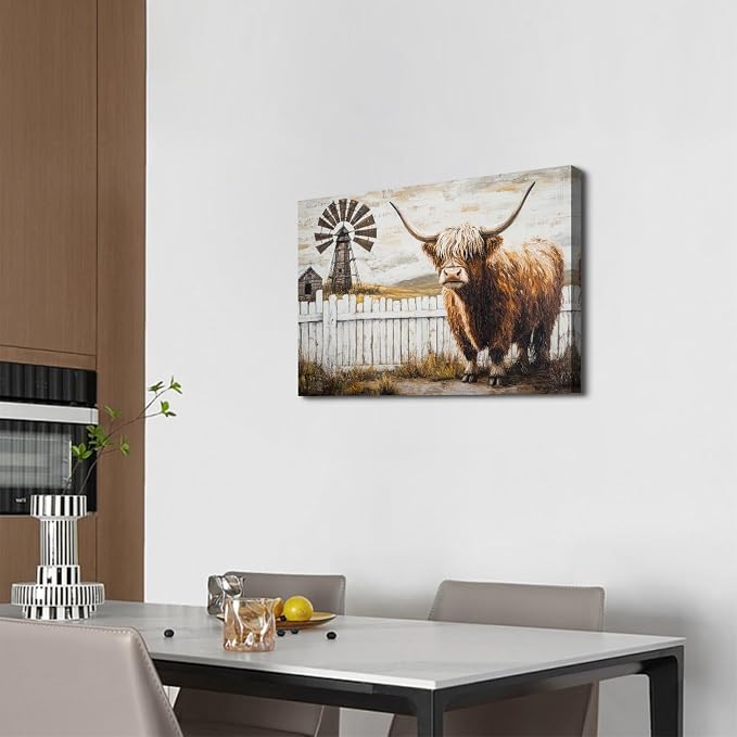 Retro Highland Cow Wall Art for Living Room Country Barn Pictures Wall Decor Fall Windmill Scenery Canvas Painting Western Decor Wildlife Poster Prints Artwork Farmhouse Kitchen Decorations 16x24"