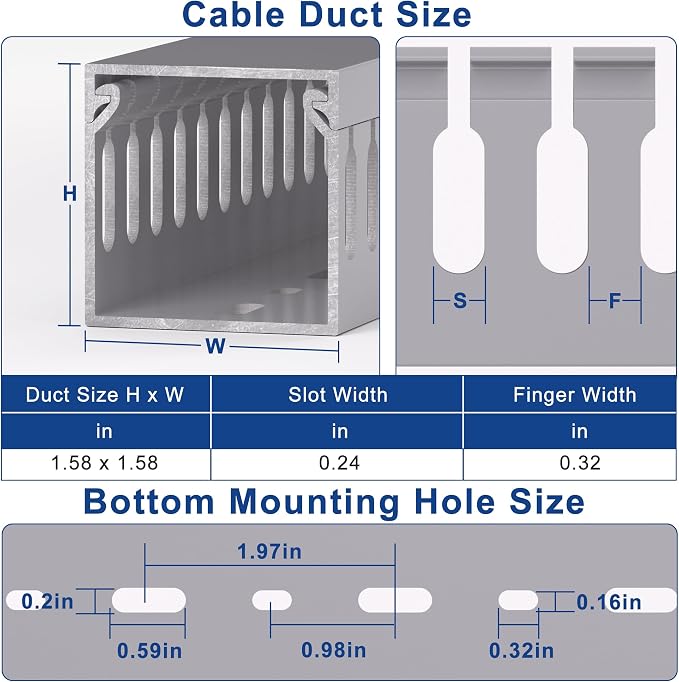 1.6"H x 1.6"W Cable Raceway, 99in Under Desk Wire Management Channel, Grey | Slotted Wire Duct, 6Pack, 16.5in Each, Heavy-Duty PVC Cable Management for Server Racks, Network Cables & Electrical Cabinets