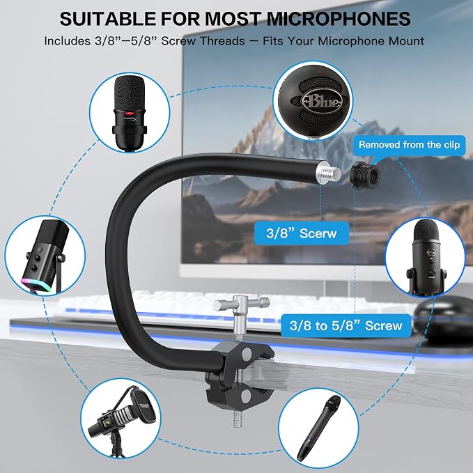 ZealSound Gooseneck Microphone Stand with Clamp, Flexible 13'' Boom Arm Mic Mount for Desk & Pipes, Compatible with Blue Yeti, Snowball, Razer, Pyle, Podcasting & Streaming