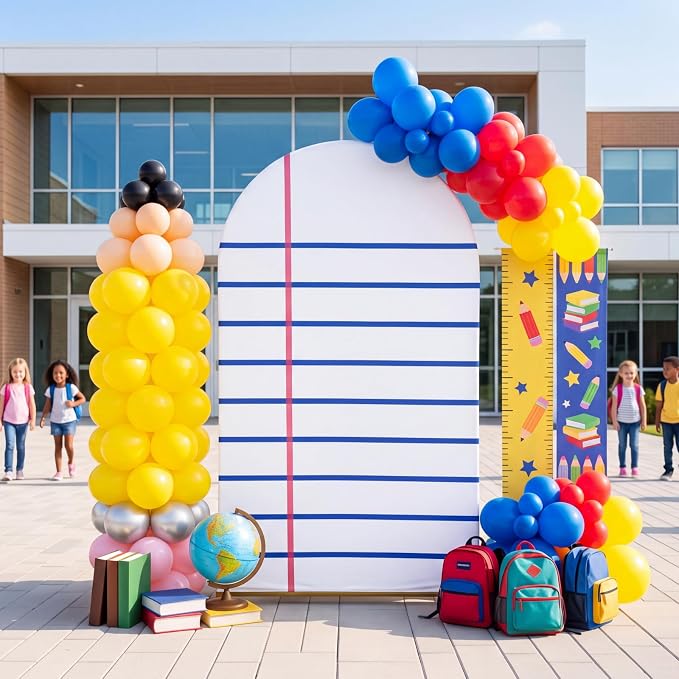 SmoothNovelty 193 Pcs Back to School Arch Backdrop Cover, 7.2 ft Notebook Arch Cover and Pencil Balloons Stand Kit Welcome Back Background Party Supplies Decor for First Day of School Kindergarten