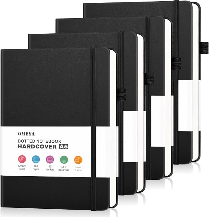 Bullet Dotted Journal Notebook 4 Pack: 160 Pages Per Pack, A5 Medium Size( 5.75" × 8.38"), 120 GSM Thick Paper, Leather Dotted Notebook, Hardcover Dot Grid Notebook, Dot Journal for Wrting (Black)