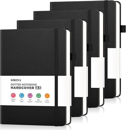 Bullet Dotted Journal Notebook 4 Pack: 160 Pages Per Pack, A5 Medium Size( 5.75" × 8.38"), 120 GSM Thick Paper, Leather Dotted Notebook, Hardcover Dot Grid Notebook, Dot Journal for Wrting (Black)