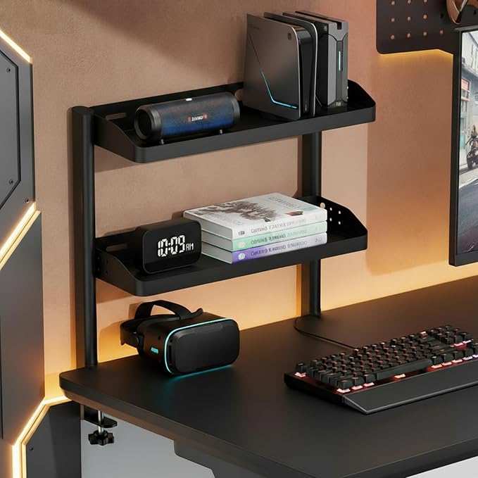 Clamp on Desk Shelf, 17in 2-Tier Office Desk Shelves Organizer, Small Shelf for Top of Desk with Headphone Holder and Hooks, Desktop Storage Rack for Home Workspace, Study Rooms, Gaming Accessories