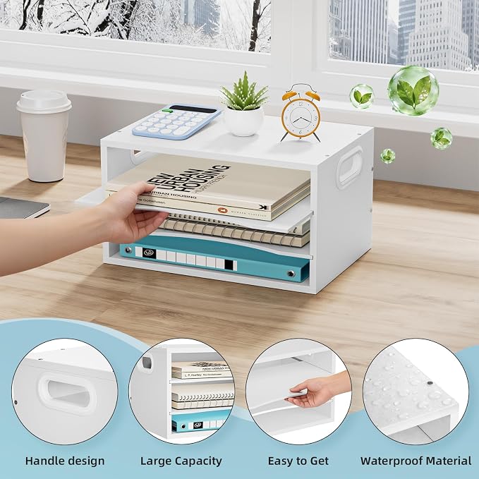 Marbrasse 3 Tier Wood Desk Organizer,Desk Paper Letter Tray Organizer，White | Wooden Desktop File Organizer with Handle and Paper Sorter Mail Holder for Office School & Home Supplies Organization