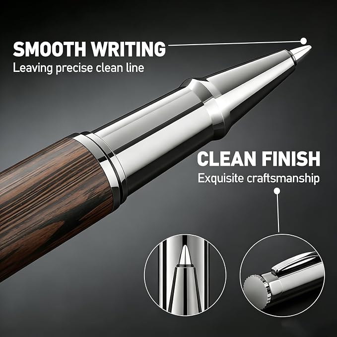Luxury Wood Rollerball Pen Set, 0.5mm Black Ink Handcrafted Chicken Wing Wood Signature Pen, Professional Executive Pens with Metal Box for Men Women