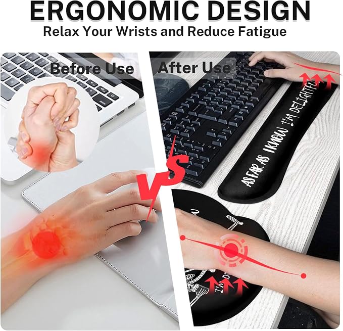 Britimes Skull Skeleton Black Ergonomic Mouse Pad Set with Wrist Rest Non-Slip Rubber Base Wrist Cushion Support and Coasters Mousepad with Wrist Support for Computer Keyboard and Desk