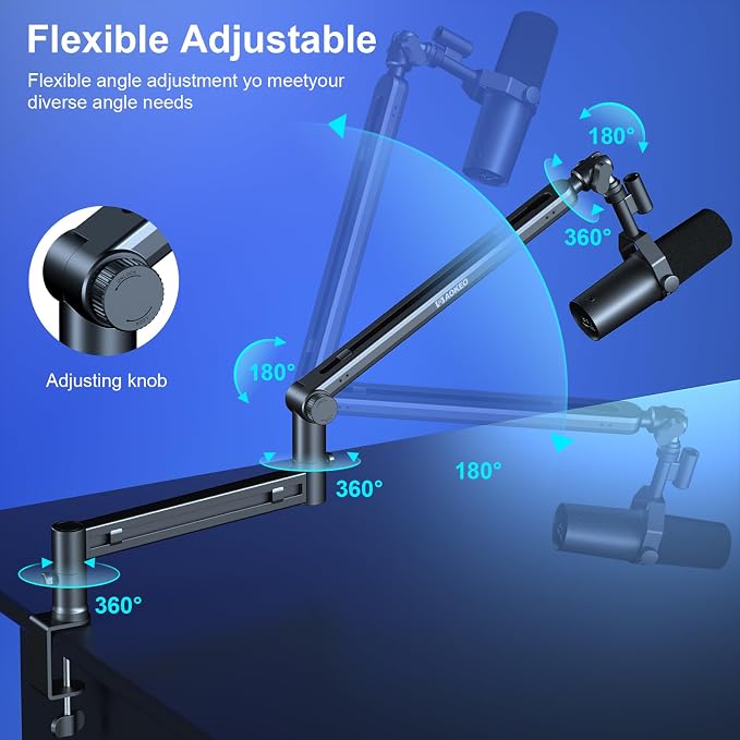 Microphone Arm,Aokeo AK-58 Desk Low Profile Adjustable Mic Boom Arm Stand,Suitable For Blue Yeti,Snowball iCE, HyperX QuadCast,SoloCast,Elgato Wave,Etc