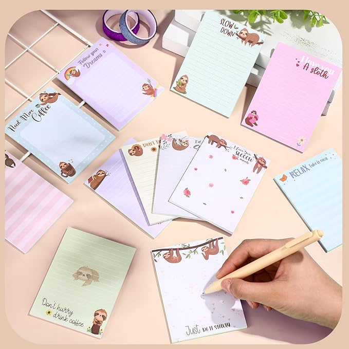 12 Pieces Sloth Sticky Notes 3x4 Inch Cute Cartoon Sloth Gifts Memo Notes for Animal Lovers Women Animal to Do List for Office Friends Lazy Day Holidays Gifts