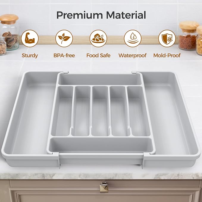 ukeetap Extra Large Expandable Silverware Organizer, BPA-Free Food-Safe Cutlery Flatware Organizer, Kitchen Utensil Drawer Organizer, Adjustable Silverware Holder for Spoons Forks Knives, Gray