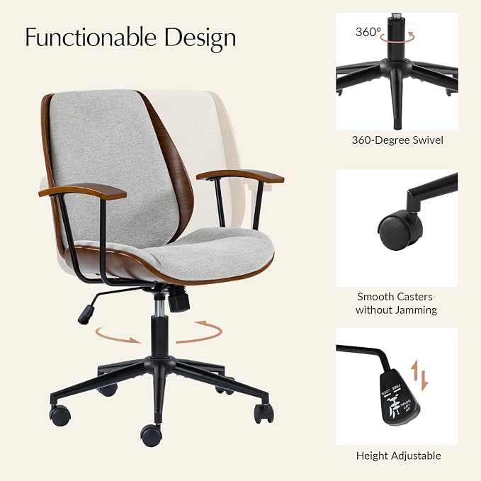 HULALA HOME Solid Wood Office Chair with Tilt Function & Metal Base, Grey | Mid Century Modern Desk Chair with Bent Wood Frame, 360° Swivel Fabric Computer Task Chair, Height Adjustable