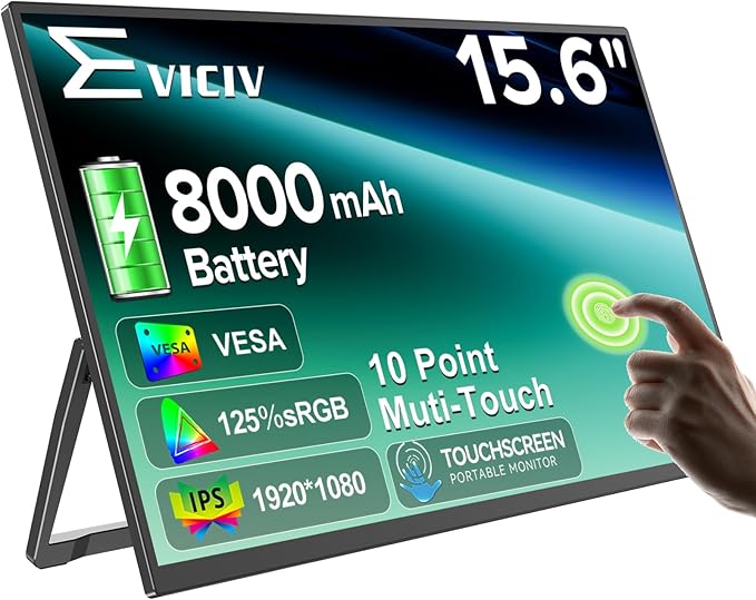 Portable Monitor Touchscreen with Battery 8000mAh, 15.6” 125% sRGB Ultra-Slim 10-Point Touch Screen Monitor, USB-C & MINI HDMI, VESA & Stand, Travel Second Screen for Laptop, Computer, Game Consoles