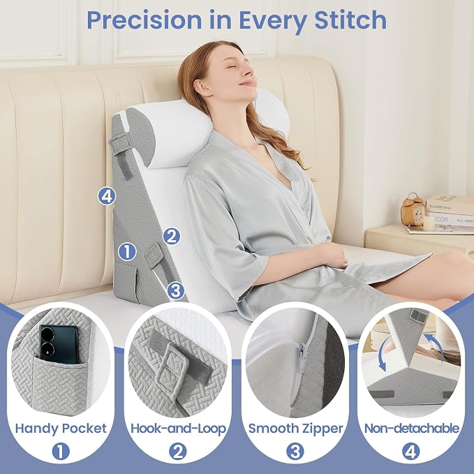 Sasttie Adjustable Wedge Pillow Set for After Surgery, Light Grey & White | Bed Wedge Pillow Headboard with Memory Foam Neck Cushion, for Acid Reflux, Sleeping, Neck & Back Support