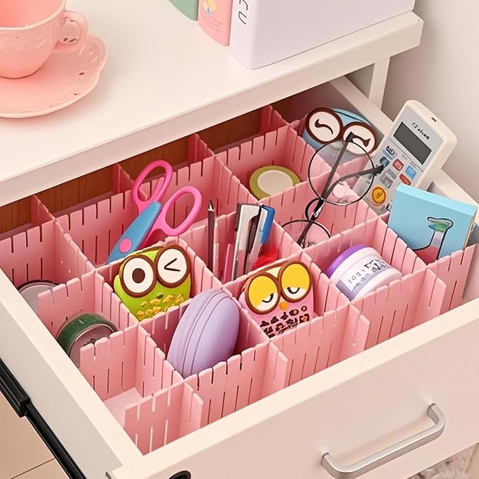 ZOENHOU 80 PCS 14.5 x 2.75 Inch Pink Drawer Dividers, Adjustable Plastic Grid Drawer Divider Organizers for Makeup Drawers Desktop Kitchen Organizers and Storage