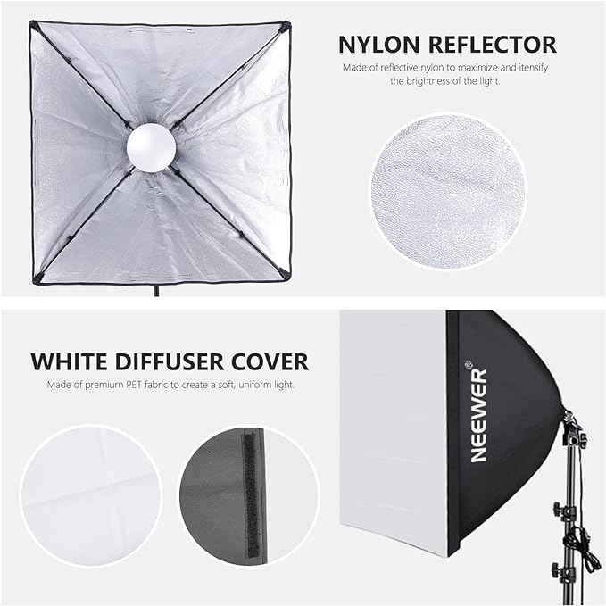 NEEWER 700W Equivalent Softbox Lighting Kit, 2Pack UL Certified 5700K LED Lighting Bulbs, 24x24 inches Softboxes with E26 Socket, Photography Continuous Lighting Kit Photo Studio Equipment