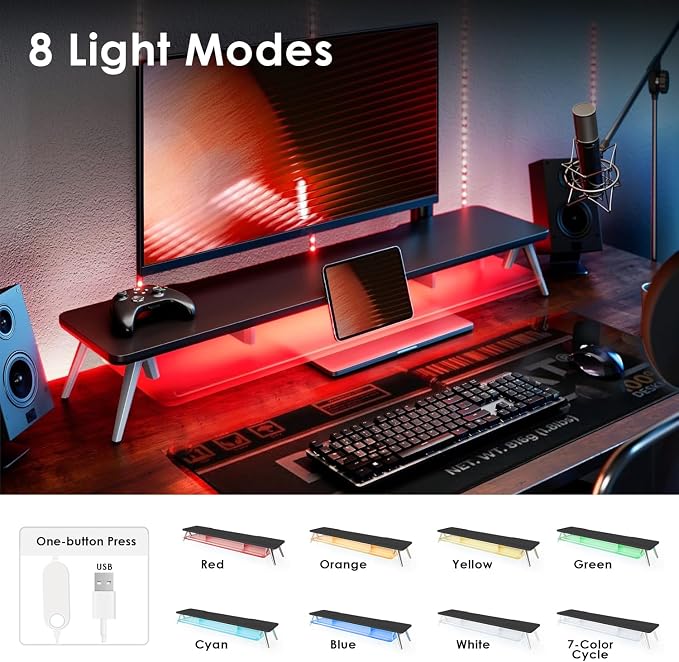 Fenge Dual Monitor Stand with 8-Mode LED Lights and Frosted Shelf, Black | Sturdy Aluminum Legs, Built-In Phone & Tablet Slot, 2-Tier Storage, 42.5-Inch Desk Shelf for Gaming, Home Office & Streaming