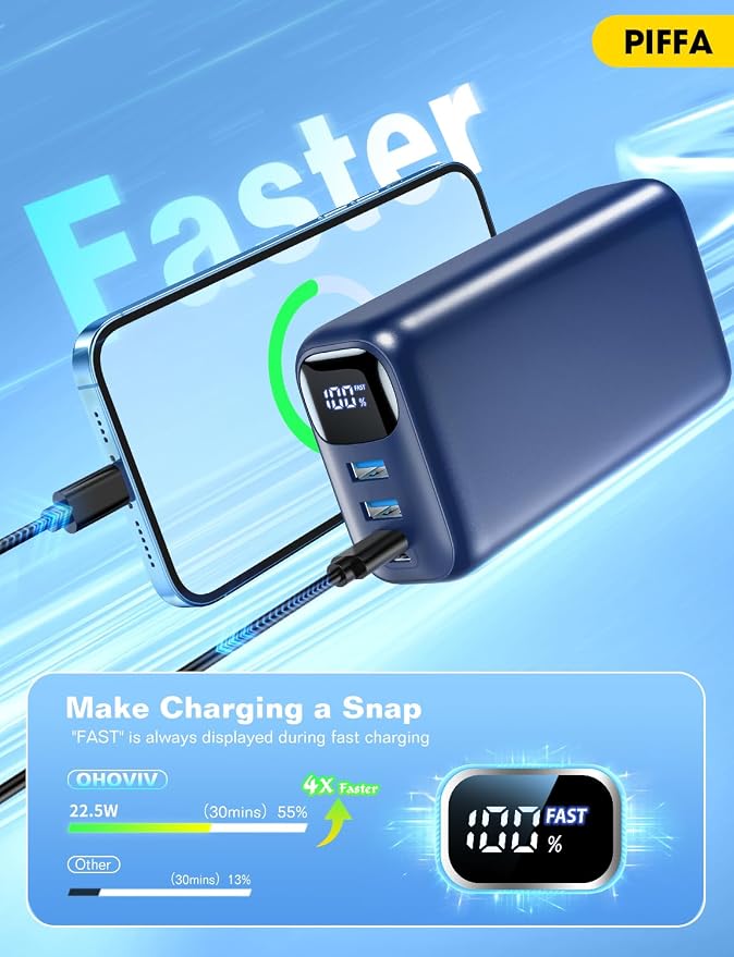PIFFA Portable Charger Power Bank - 50000mAh Battery Pack, 22.5W Fast Charging Powerbank,Travel Essential for Portable Phone Charger, USB-C Phone Charger for iPhone 17/16/15/14/13 Samsung-Ink Blue