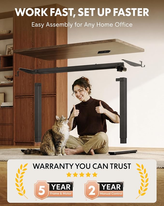 FLEXISPOT EN1 One-Piece Standing Desk, 48"x24" Seamless Desktop Electric Height Adjustable Desk for Home Office, Multi-Monitor Setups & Easy Assembly, Black Walnut (Black Frame)