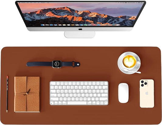 WAYBER Leather Desk Pad Protector, Waterproof Mouse Pad, PU Desk Mat, Office Desk Cover, Desk Writing Mat for Office/Home/Work/Cubicle (Brown/Gray) 31.5x15.8 in