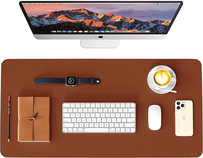 WAYBER Leather Desk Pad Protector, Waterproof Mouse Pad, PU Desk Mat, Office Desk Cover, Desk Writing Mat for Office/Home/Work/Cubicle (Brown/Gray) 31.5x15.7in