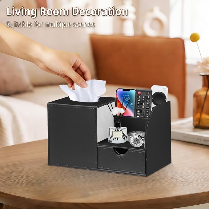 Square Tissue Box Cover with Storage Drawer,Facial Tissues Cube Box Holder | PU Leather Modern Remote Control Holder,Nightstand Organizer Caddy for Bathroom Vanity, Makeup,Office and Home Desktop Decor