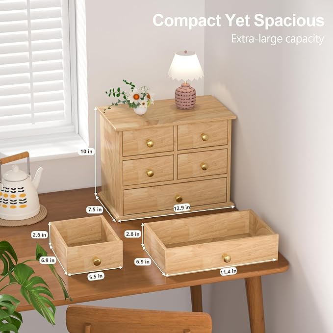 Oak Desk Organizer with Drawers, Durable Wooden Desktop Storage Box | 5 Drawer Tabletop Organizer with Metal Handles & Non-Slip Pads for Office, Bedroom, Bathroom, Vanity, Makeup Storage, Natural