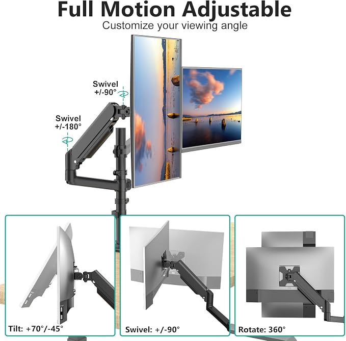 WALI Dual Monitor Mount, 13-33 Inch Adjustable Dual Monitor Arm for Desk Holds Max 19.8 lbs Screens, Swivel Vesa Bracket with C Clamp, Grommet Mounting, Monitor Arms for 2 Monitors (GSDM002)