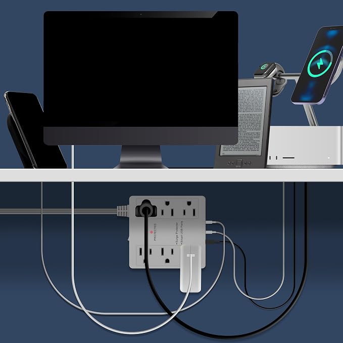LIDER Outlet Extender with 6 Receptacles, USB-A & 2 USB-C, Angled Ultra-Thin Flat-Plug, 6-Outlet Power Strip, Surge Protector 1500 Joules, 5ft Cord, 1250W, ETL Listed, Matte White