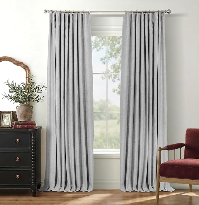 INOVADAY 100% Blackout Curtains for Bedroom, Grey Black Out Curtains 96 Inch Long, Clip Rings Linen Blackout Drapes, Thermal Insulated Room Darkening for Living Room, 2 Panels - W50xL96