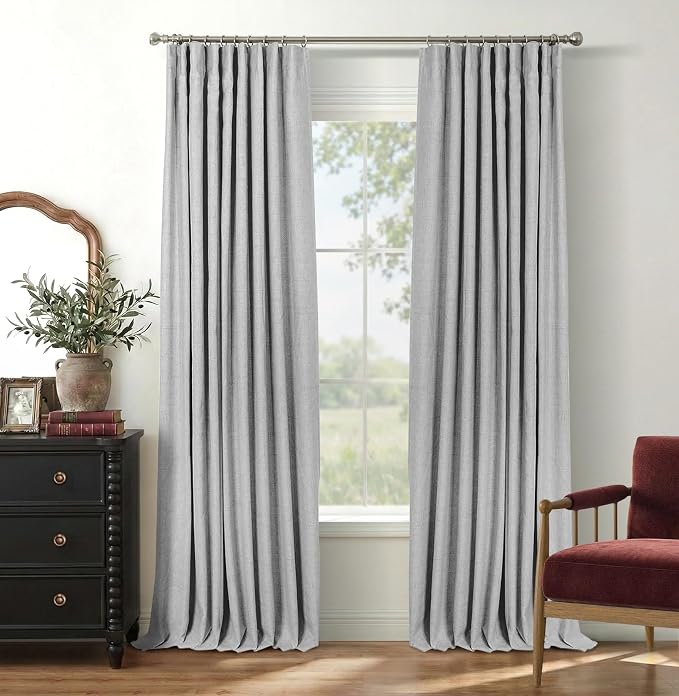 INOVADAY 100% Blackout Curtains for Bedroom, Grey Black Out Curtains 72 Inch Long, Clip Rings Linen Blackout Drapes, Thermal Insulated Room Darkening for Living Room, 2 Panels - W50xL72