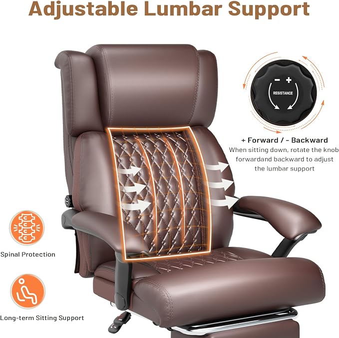 HOMREST 500lbs Big and Tall Office Chair, Ergonomic Heavy Duty Chair with Adjustable Lumbar Support & Backrest, Executive Leather Office Chair with Wide Armrests and Wheels (Brown)