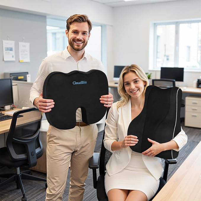 CloudBliss Lumbar Support Pillow, Memory Foam for Office Chair, Black | Ergonomic High-Density Memory Foam, Adjustable Straps, Washable Mesh Cover, Lower Back Support for Office, Gaming & Car Seat