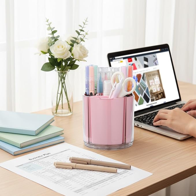 Comix 360° Rotating Pen Holder for Desk, Pink Pencil Holder with 5 Slots | Expandable Capacity, Acrylic Pen Organizer Easy to Clean, Cute Pencil Cup for Home School Office Art Supplies